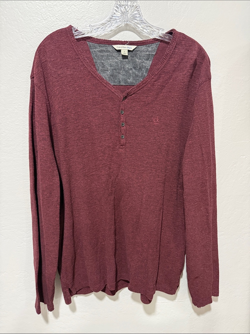 Calvin Klein Jeans Men's Maroon Long Sleeve Henley Shirt